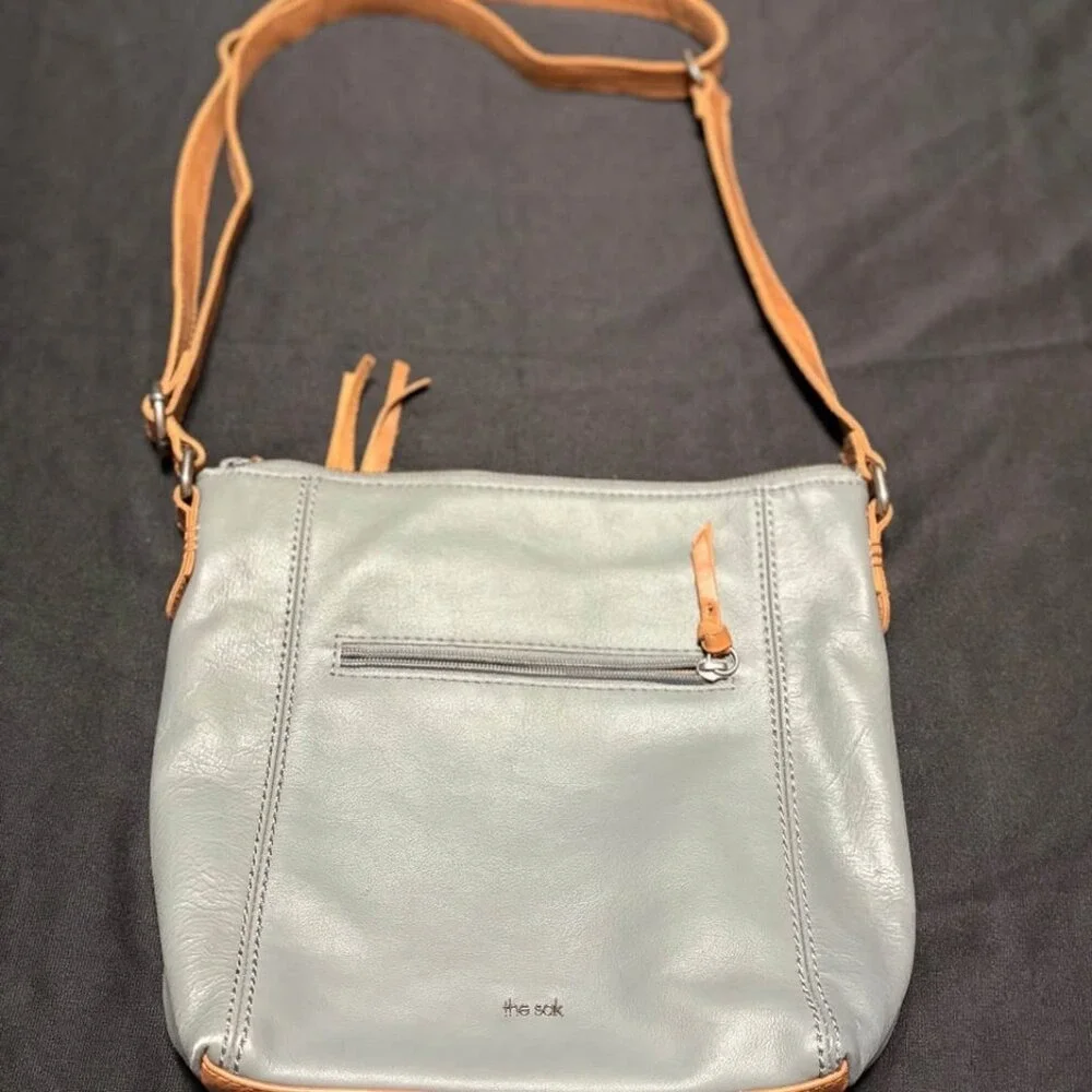 The Sak Ashland Genuine Leather Crossbody Bag Grey and Tan Leather Large EUC